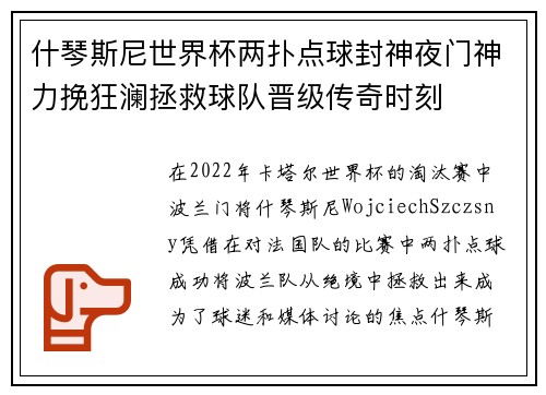 什琴斯尼世界杯两扑点球封神夜门神力挽狂澜拯救球队晋级传奇时刻